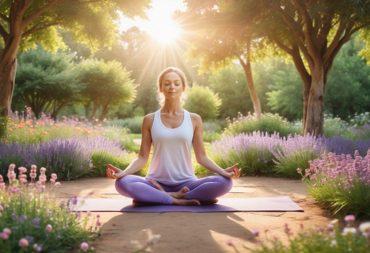 A serene landscape featuring a diverse group of people practicing yoga and meditation in a peaceful garden setting, surrounded by vibrant flowers and lush greenery. In the background, a sunlight-drenched healing center, symbolizing holistic cancer care. Elements of lavender and chamomile plants pop up, representing natural remedies. Include soft, glowing orbs of light to signify hope and healing. watercolor style. warm pastel colors.