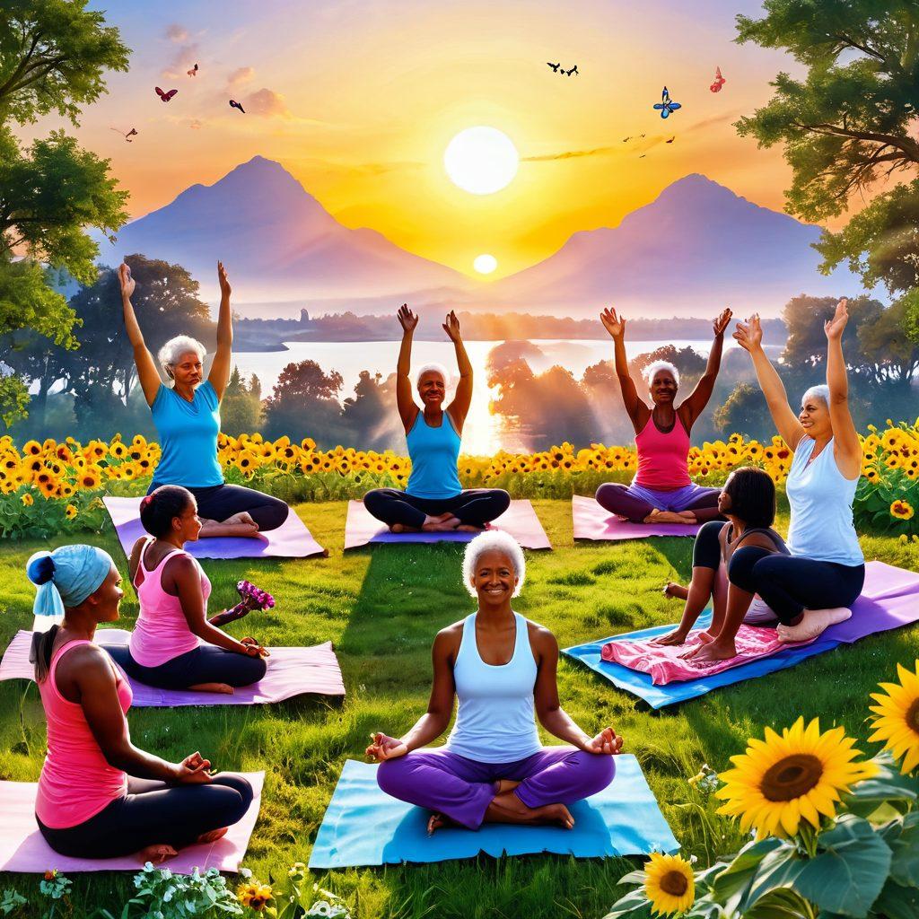 A vibrant, hopeful scene depicting a diverse group of cancer survivors engaged in various healthy lifestyle activities, such as yoga, cooking nutritious meals, and enjoying nature. Include symbols of resilience like butterflies and sunflowers, with a soft, uplifting sunset in the background. Showcase an atmosphere of community and support, with gentle warmth enveloping the scene. super-realistic. vibrant colors. dynamic composition.